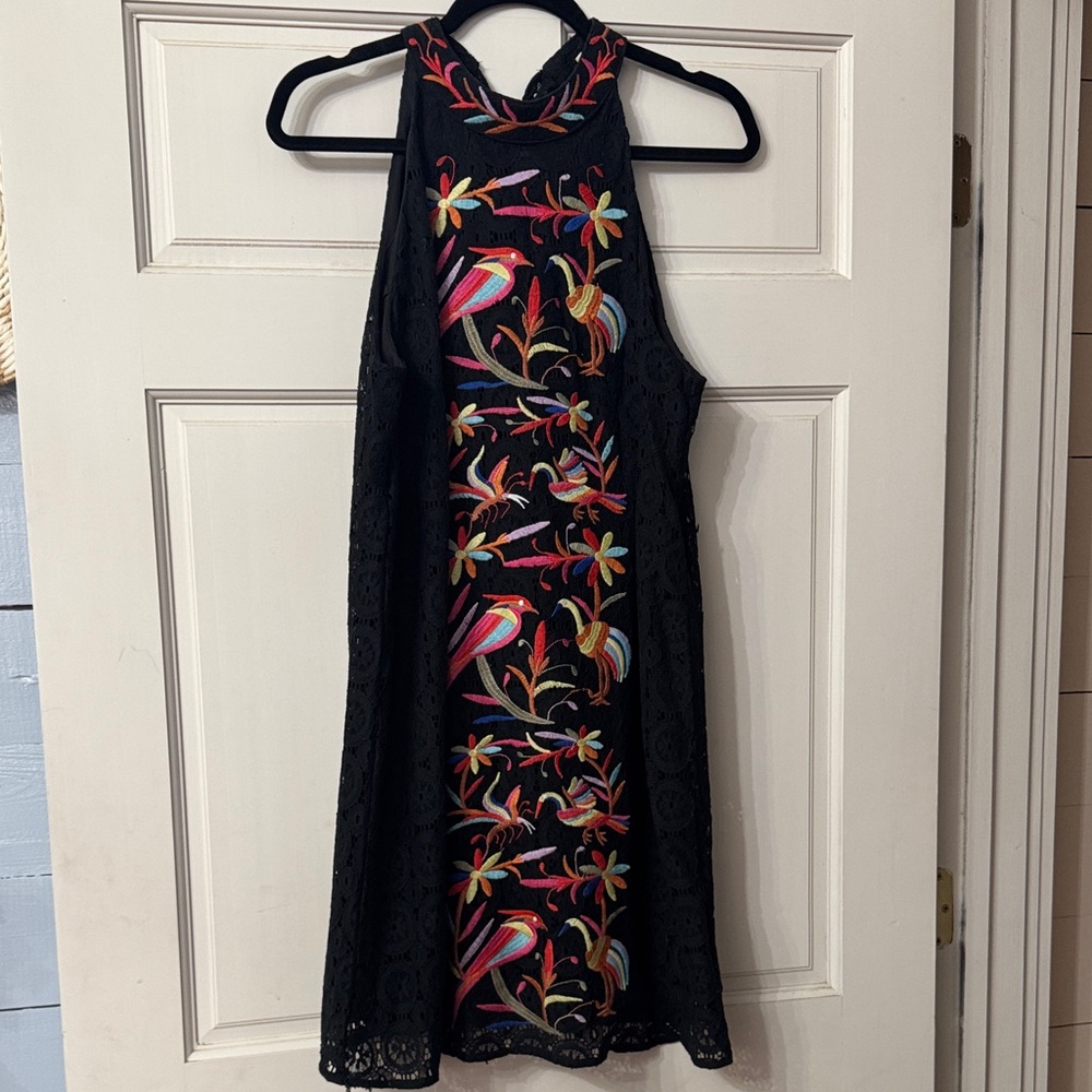 Entro Black Mini Dress with Colorful Embroidery
